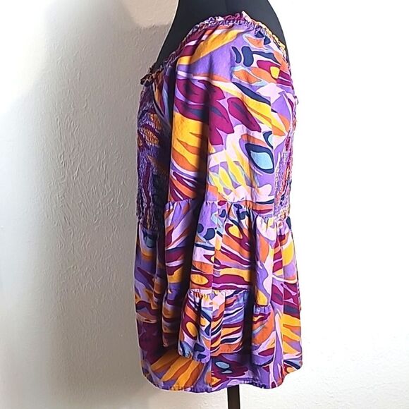 Terra & Sky Colorful Top Purple Orange Print Shirred Elastic, Size 1X, 16W-18W - Picture 6 of 9
